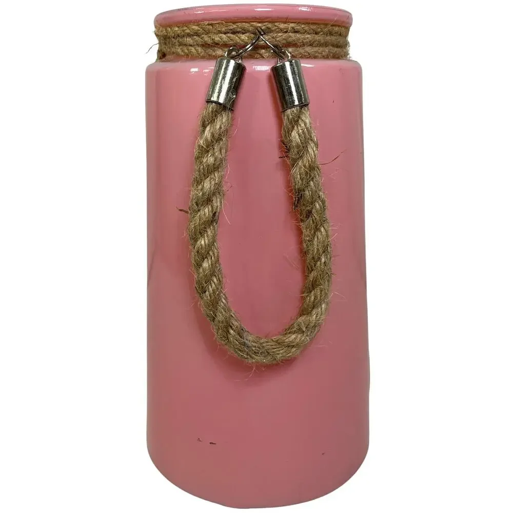 Large Pink Glass Hanging Vase Jar Rope Handle Wide Mouth